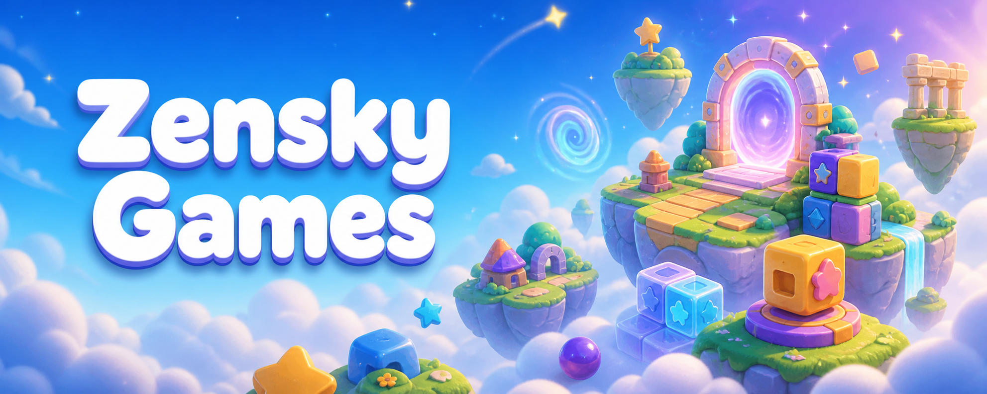 Zensky Games fantasy world with floating islands, colorful puzzle blocks, and a glowing portal